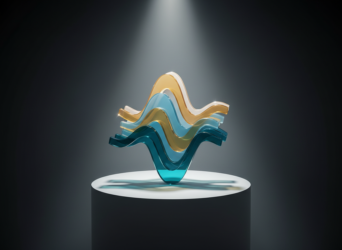 A multi-layered transparent acrylic sculpture in the shape of ascending, interlocking signal waves, each layer tinted a different gradient of teal, blue, and soft gold. The sculpture is placed on a clean white pedestal in a quiet, modern studio space with pale gray walls. A narrow beam of focused spotlight from above creates crisp highlights along the polished edges and casts an intricate, overlapping shadow pattern on the pedestal surface. Captured in photographic realism with a centered composition and black background fading at the edges, the image feels sophisticated, abstract, and symbolic of amplified career signals converging into stronger opportunities.
