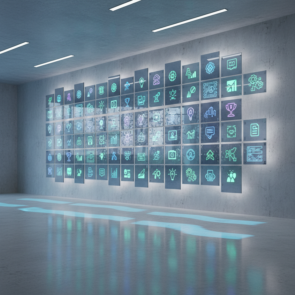 A large, wall-mounted digital display composed of overlapping translucent panels, each panel showing sharp, glowing icons of skills, opportunities, and milestones arranged in a precise grid. The display floats above a minimalist concrete wall in a spotless, modern workspace. Cool, diffused overhead lighting and a faint blue ambient glow from the screen create soft reflections on the polished floor, lending a futuristic yet professional ambiance. Captured in photographic realism from a slightly low angle, the composition emphasizes the height and structure of the display. The mood is confident and analytical, with clean lines and a sense of organized information, symbolizing clear career signals emerging from complexity.