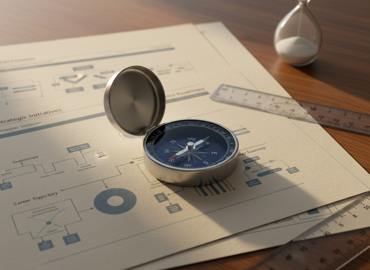 A polished metal compass with a deep navy face and finely etched markings, resting atop a stack of textured, matte-finish strategy documents printed with subtle diagrams and career roadmaps. The stack lies on a warm walnut desk, with a translucent acrylic ruler and a minimalist sand timer nearby. Soft morning sunlight filters through an unseen window, creating gentle highlights on the compass casing and long, calm shadows across the papers. Photographic realism, captured from a slightly elevated angle with the compass in sharp focus and the documents fading into a mild blur. The mood is thoughtful and reassuring, suggesting precise navigation, guidance, and intentional career direction grounded in expertise.