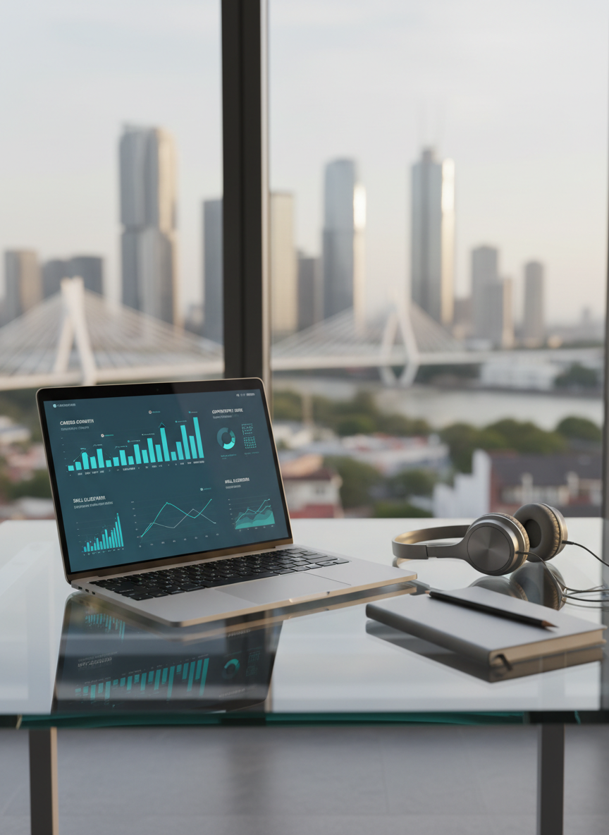 A sleek, glass-topped office desk with a slim, open laptop displaying an abstract dashboard of rising career metrics and clean signal graphs, all in cool blues and vibrant teals. Beside it, a brushed metal notebook, a graphite pencil, and a pair of wireless headphones rest in deliberate order. The desk sits near a floor-to-ceiling window in a high-floor modern workspace, with a softly blurred city skyline beyond. Late-afternoon natural light pours in, casting crisp yet gentle shadows and subtle reflections on the glass surface. Photographic realism, shot at eye level with a shallow depth of field, creating a focused, professional, and aspirational mood that suggests clarity, elevated signals, and bigger opportunities ahead.